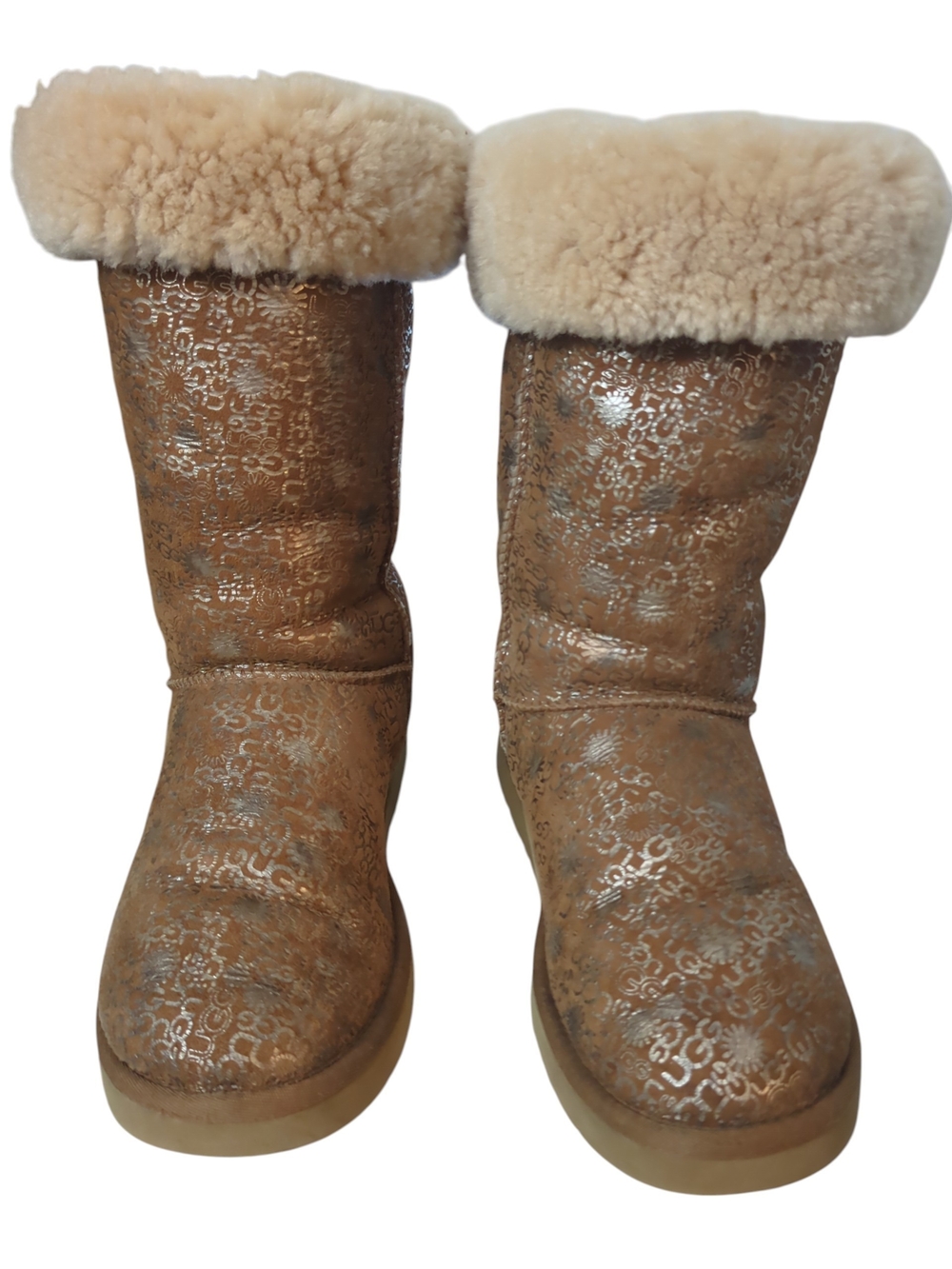 Y2K UGG Classic Tall Fancy 5998 Brown Metallic Floral Shearling Boots W8 Rare